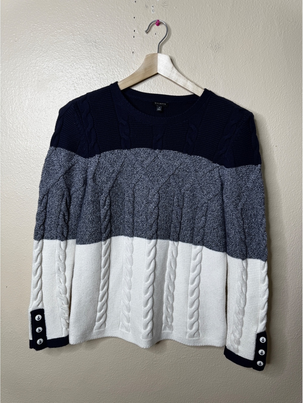 Talbots Cable Knit Sweater Women’s M Navy Gray Ivory Nautical Anchor Buttons